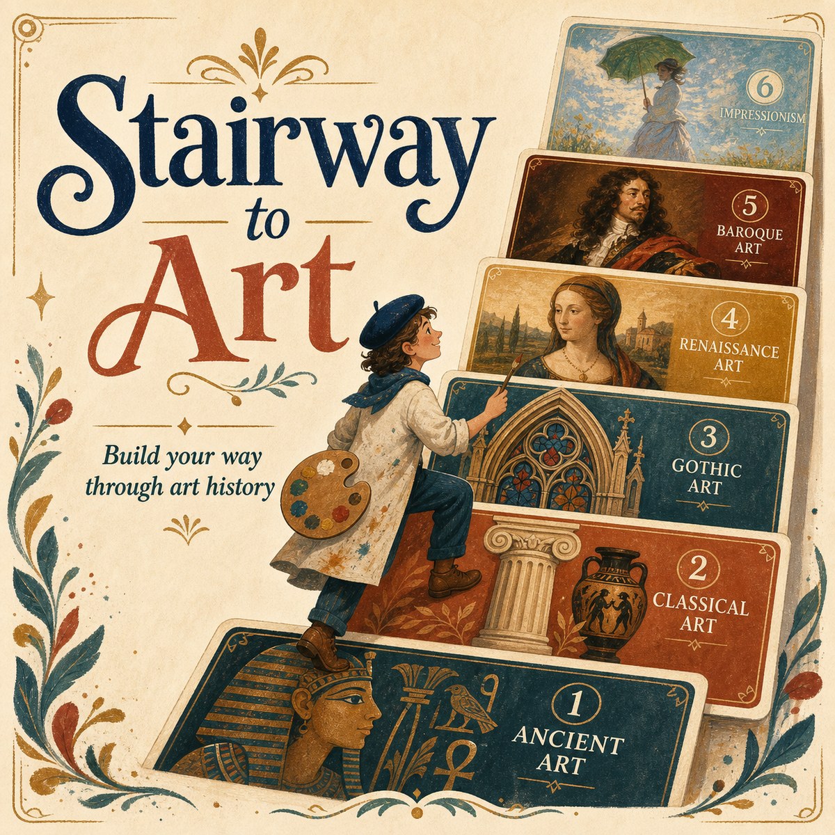 Stairway to Art — Construye tu camino por la historia del arte. Un pintor sube por una escalera de cartas que recorre los grandes estilos desde el Antiguo al Modernismo